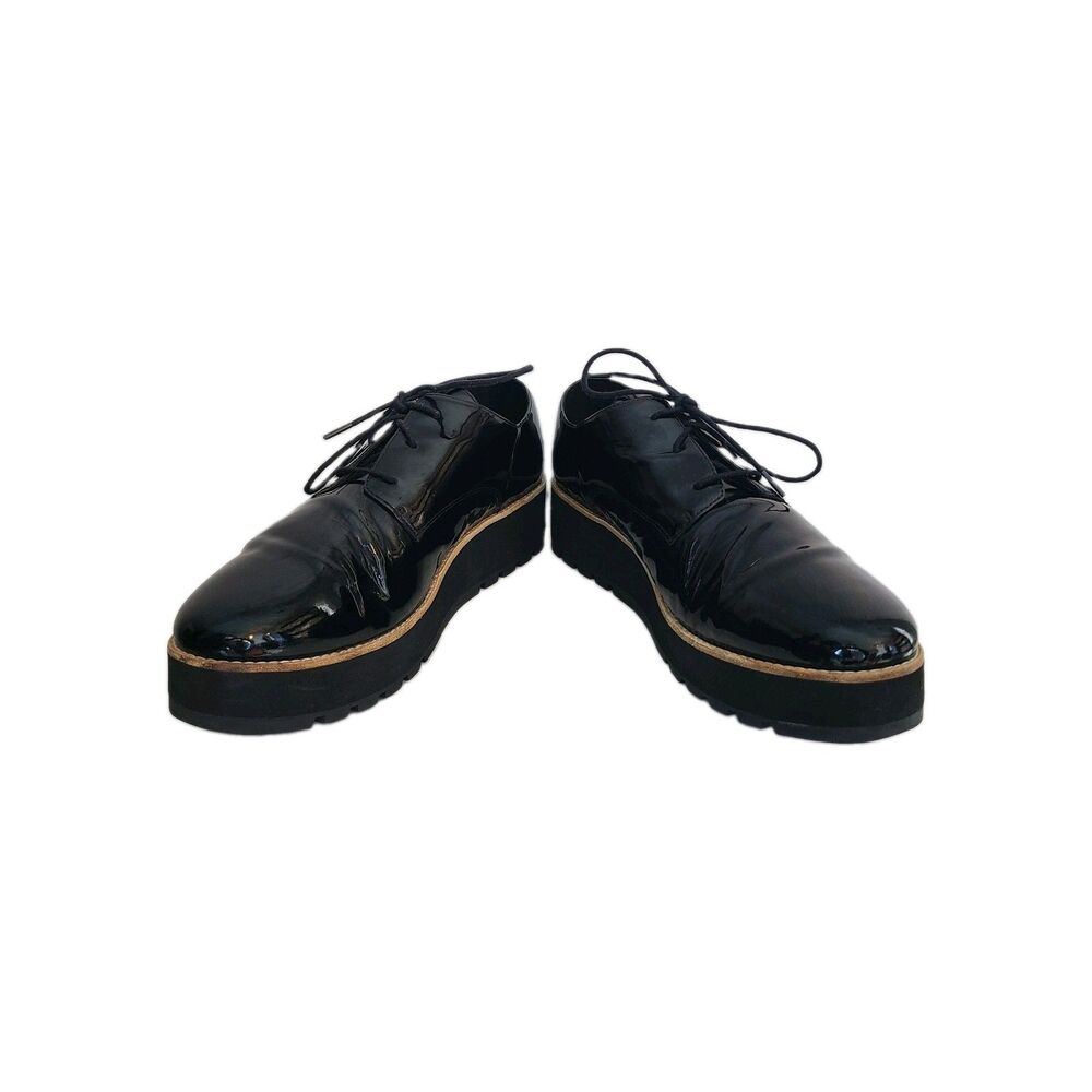Eileen Fisher Eddy Black Patent Leather Platform Oxfords Sz 11 Corporate Goth